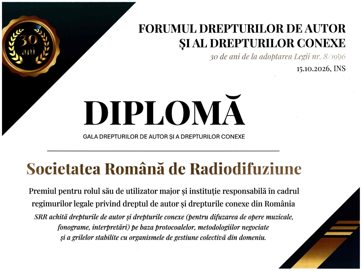 Societatea Română de Radiodifuziune a fost premiată pentru respectarea drepturilor de autor