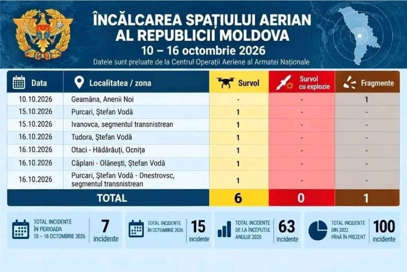 Republica Moldova a raportat 63 de încălcări ale spațiului aerian de la începutul anului 2026