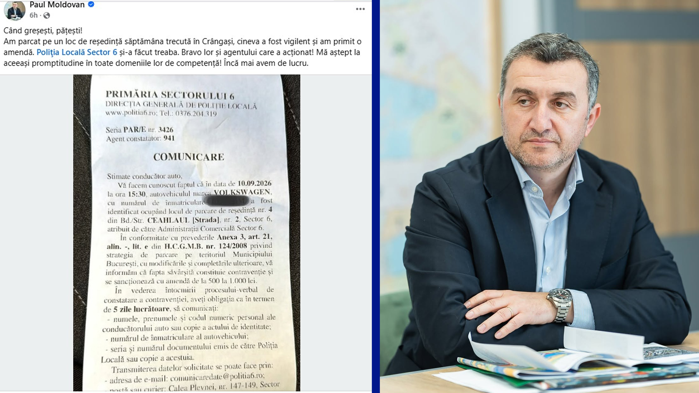 Paul Moldovan a fost sancționat de Poliția Locală pentru parcare neconformă în Sectorul 6