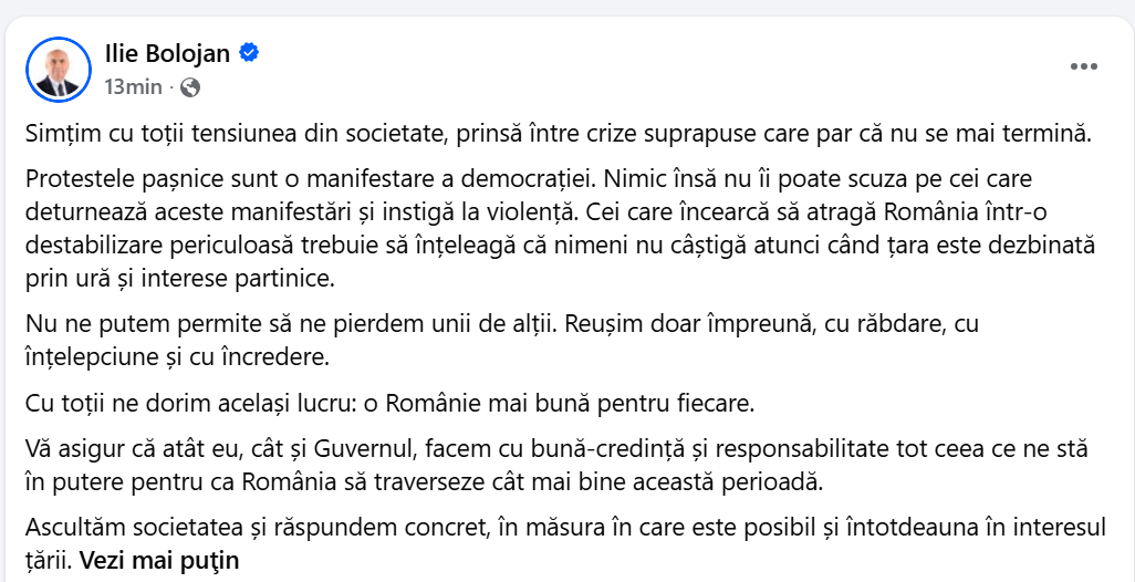 Ilie Bolojan avertizează asupra tentativelor de destabilizare după violențele din fața Guvernului
